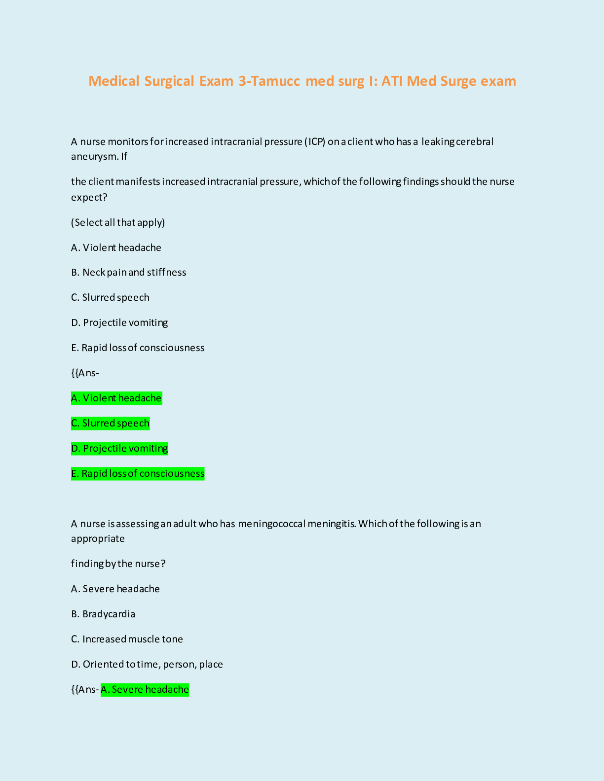 Preview image for NURS 3628 Exam: ATI Med Surge/Med surg exam 3 part 1-Tamucc med surg I;2021/2022 (answered & graded)